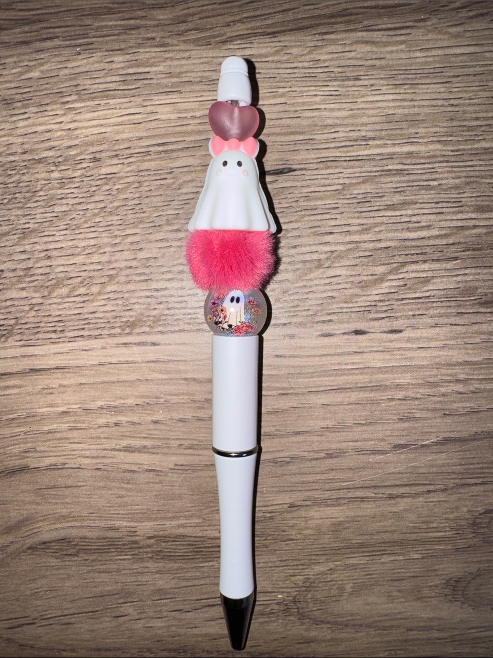 Whimsical Pink Ghost Pom-Pom White Pen